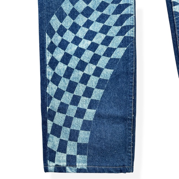 Vintage 1980s Levi's Upcycled 505 Dark Wash Blue Checkered Relaxed Fit Jeans - Picture 3 of 8